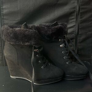 BAMBOO Black Wedge Ankle Boots with Faux Fur